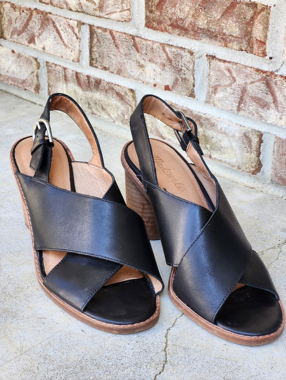 Madewell Black Leather Cross-Band Slingback Heeled Sandals, Size 8